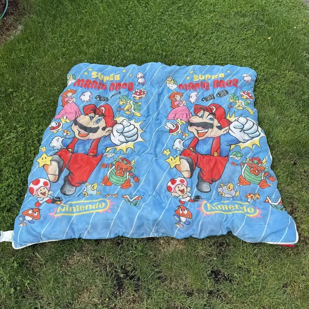 Vintage 1988 Nintendo Super Mario Bros Kids Blanket Blue Red Peach Bowser Toad